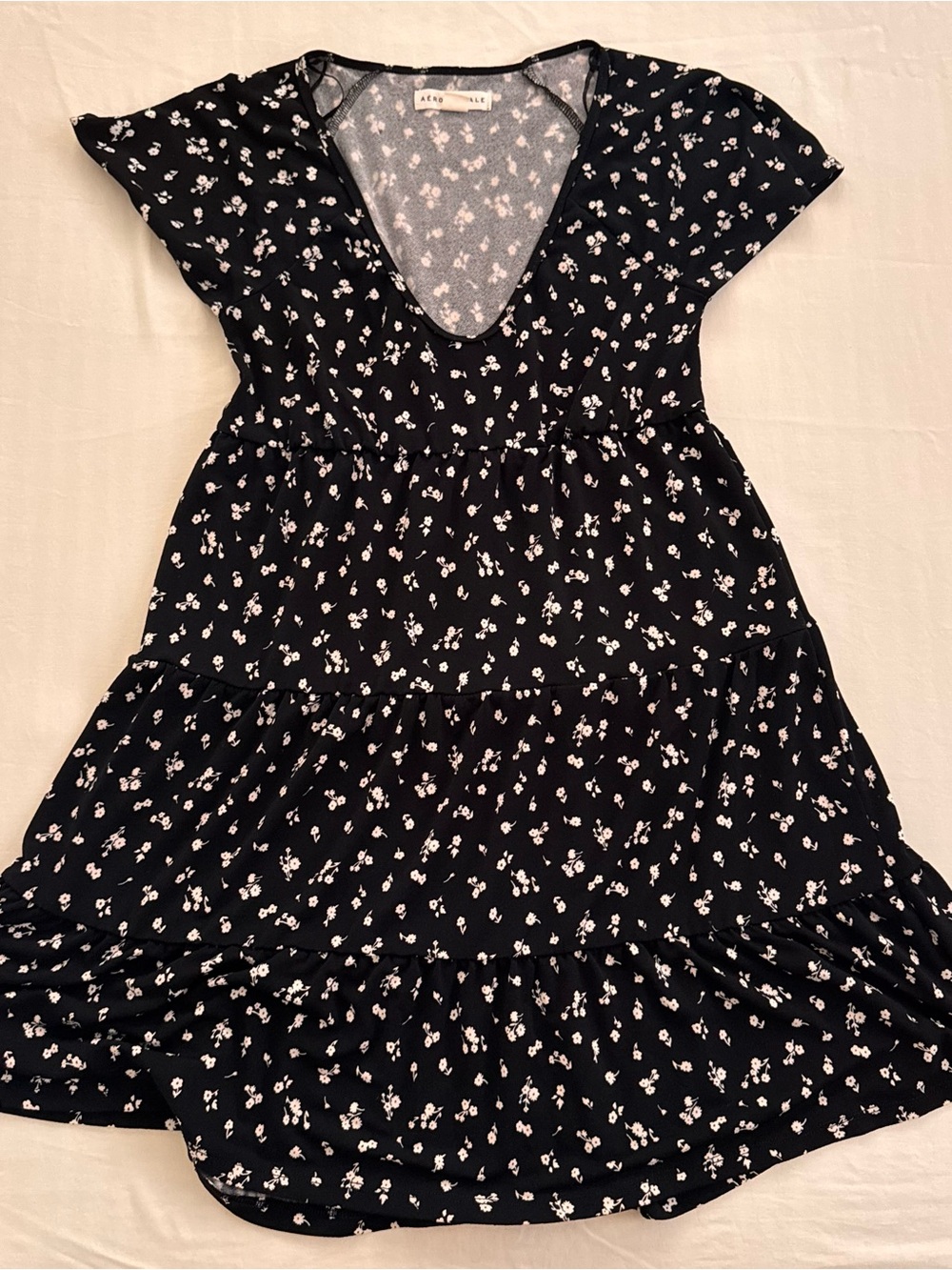 Aeropostale black tiered floral babydoll dress with ruffle hem, size S